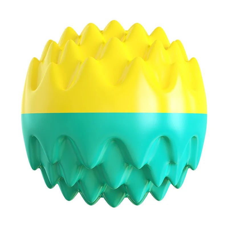 Blue or orange squeaky dog ball toy with spiky texture for dental cleaning and mental enrichment