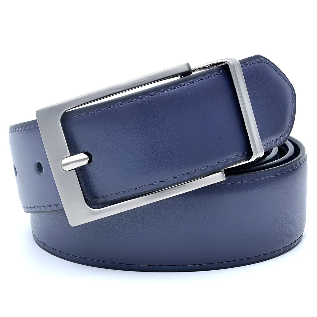 Men's brown and black genuine leather casual belt with rotating pin buckle showing length sizing options