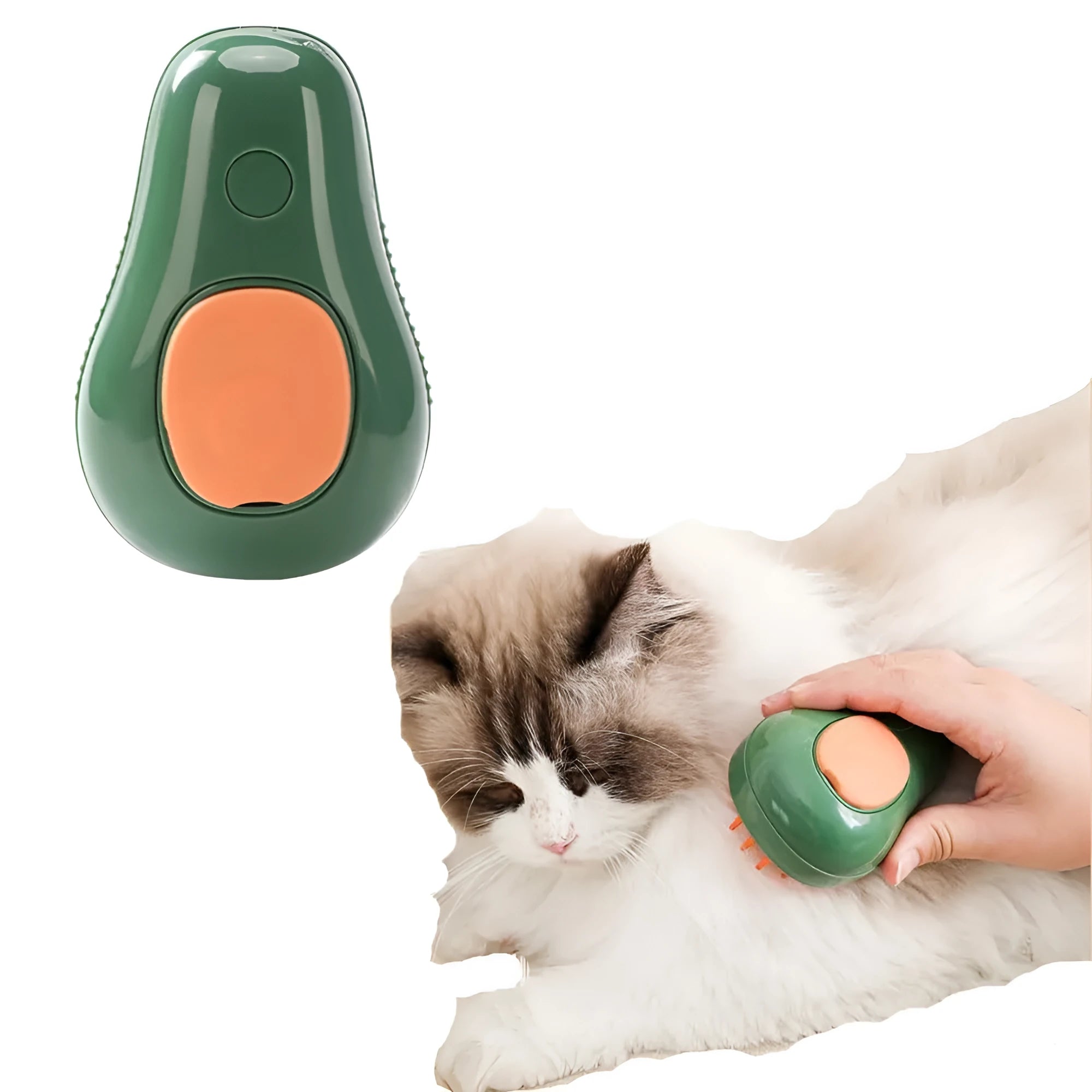 Green and white cat steam brush with water reservoir and silicone grooming teeth