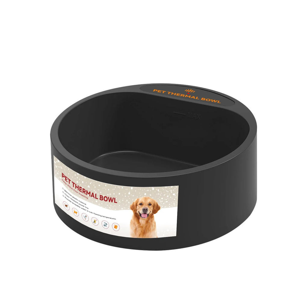 Black pet heating bowl for cats and dogs with 2.2L capacity and constant temperature feature