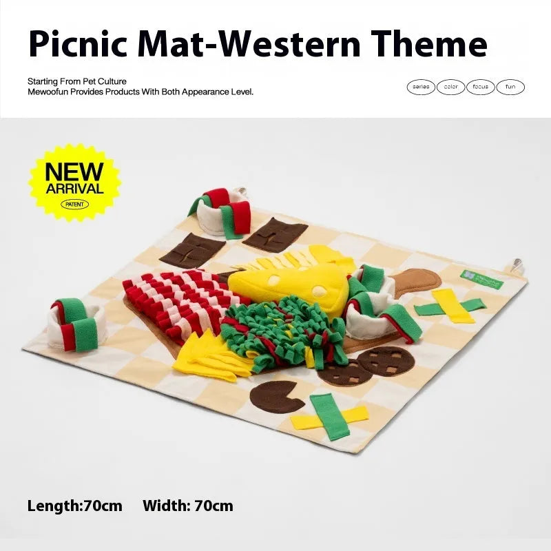 Themed dog sniffing mat with food hiding design for canine enrichment activities