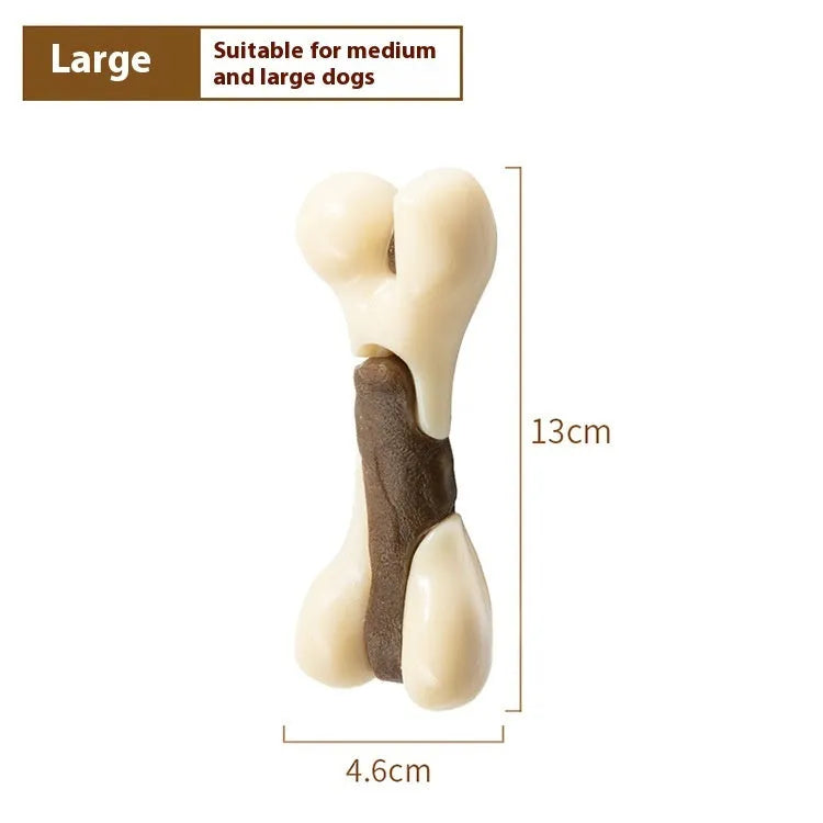 Cowhide and nylon bone-shaped dog chew toy in small and large size options