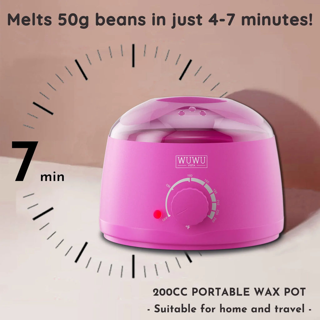 Professional waxing kit with wax warmer, five types of hard wax beans, application sticks, and post-epilation products.