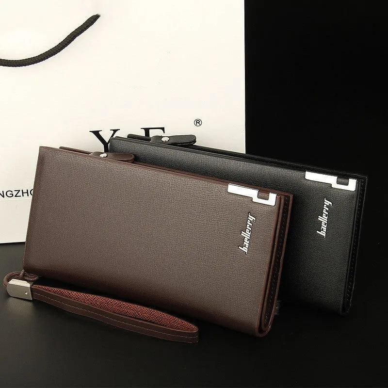 Men's long black PU leather zipper wallet showing card slots and closed zipper.