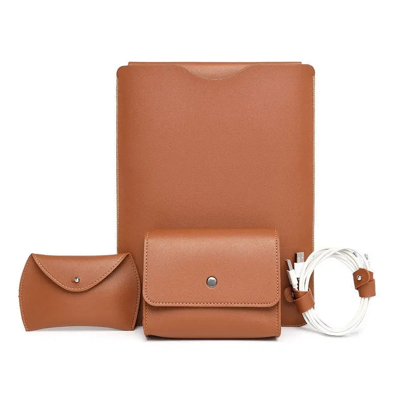 Four-piece set of imitation leather lock edge protective covers for MacBook Pro laptops in apricot, brown, grey, and pink.