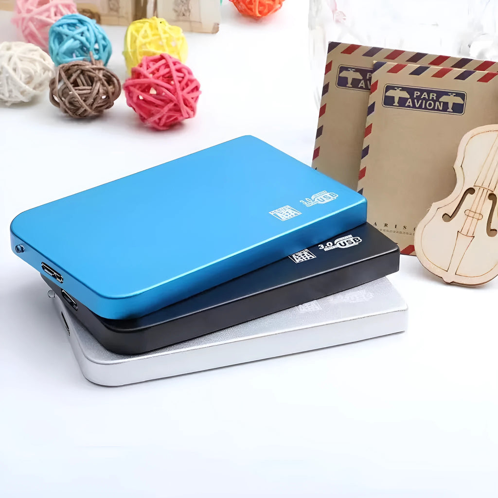 Solid state mobile hard disk with metal shell in black, blue, red, or silver colours