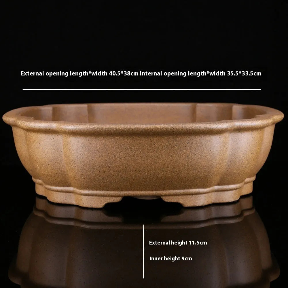 Large handmade purple sand flowerpot with hexagonal shape and traditional pine tree pattern.