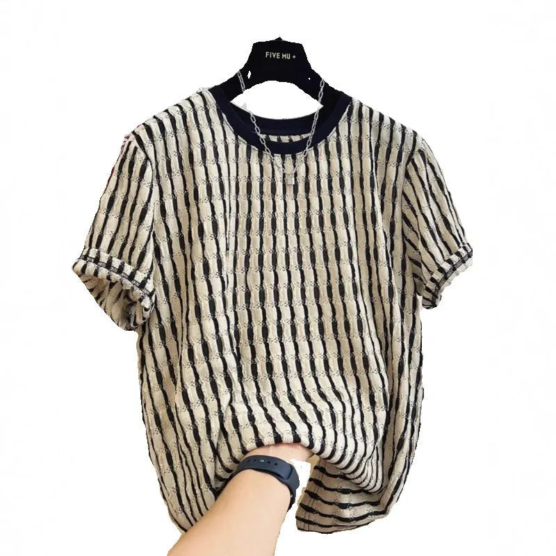 Black striped men's loose fit casual short sleeve pullover shirt on a hanger.