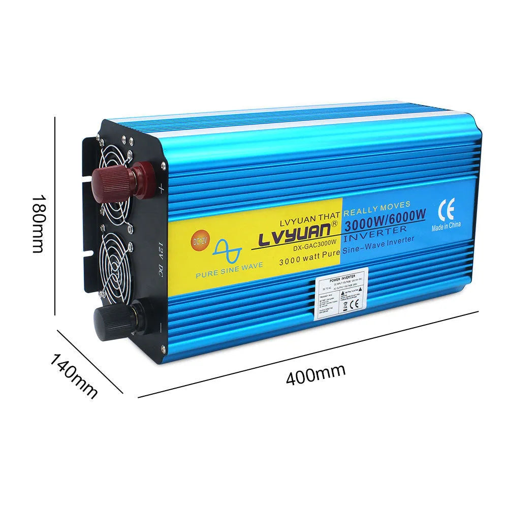Blue 3000W car power inverter with digital displays showing conversion from 12V/24V to 220V with remote control