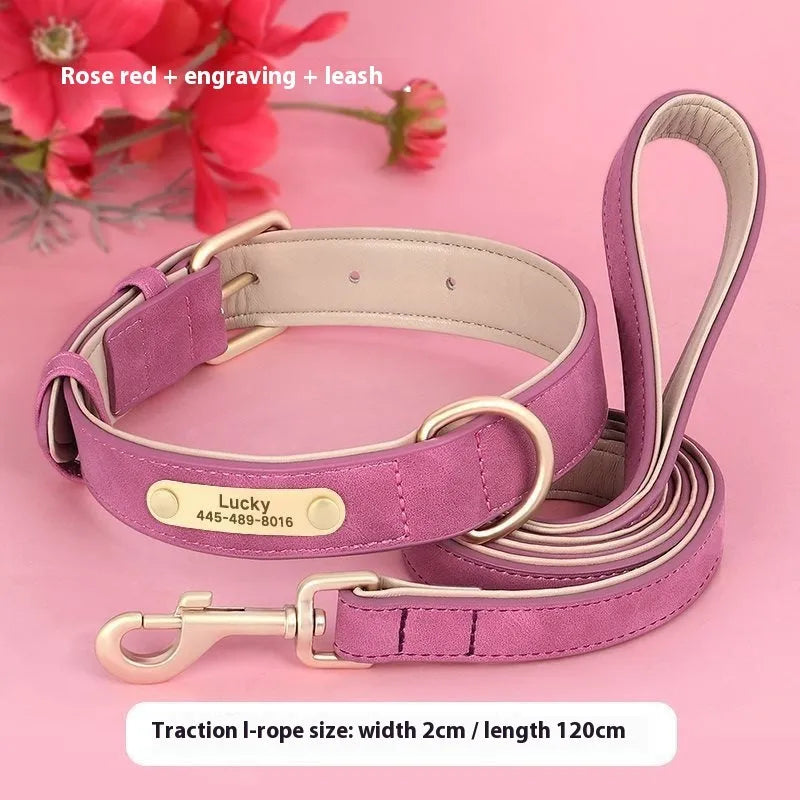 Leather dog collar with mohair lining in rose red, brown or blue with matching traction rope