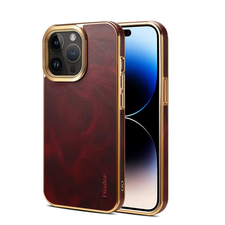 Handmade leather iPhone case in vintage oil wax leather showing slim profile and protective design