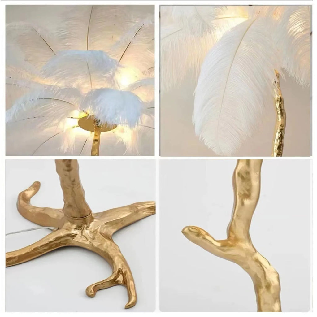 Decorative resin feather floor lamp standing 170cm tall with dark green, pink or white feather design