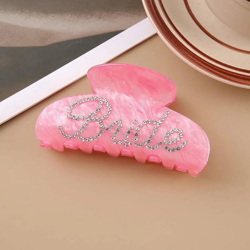 10cm pink and white acrylic hair clip with multi-diamond spot drilling on both sides