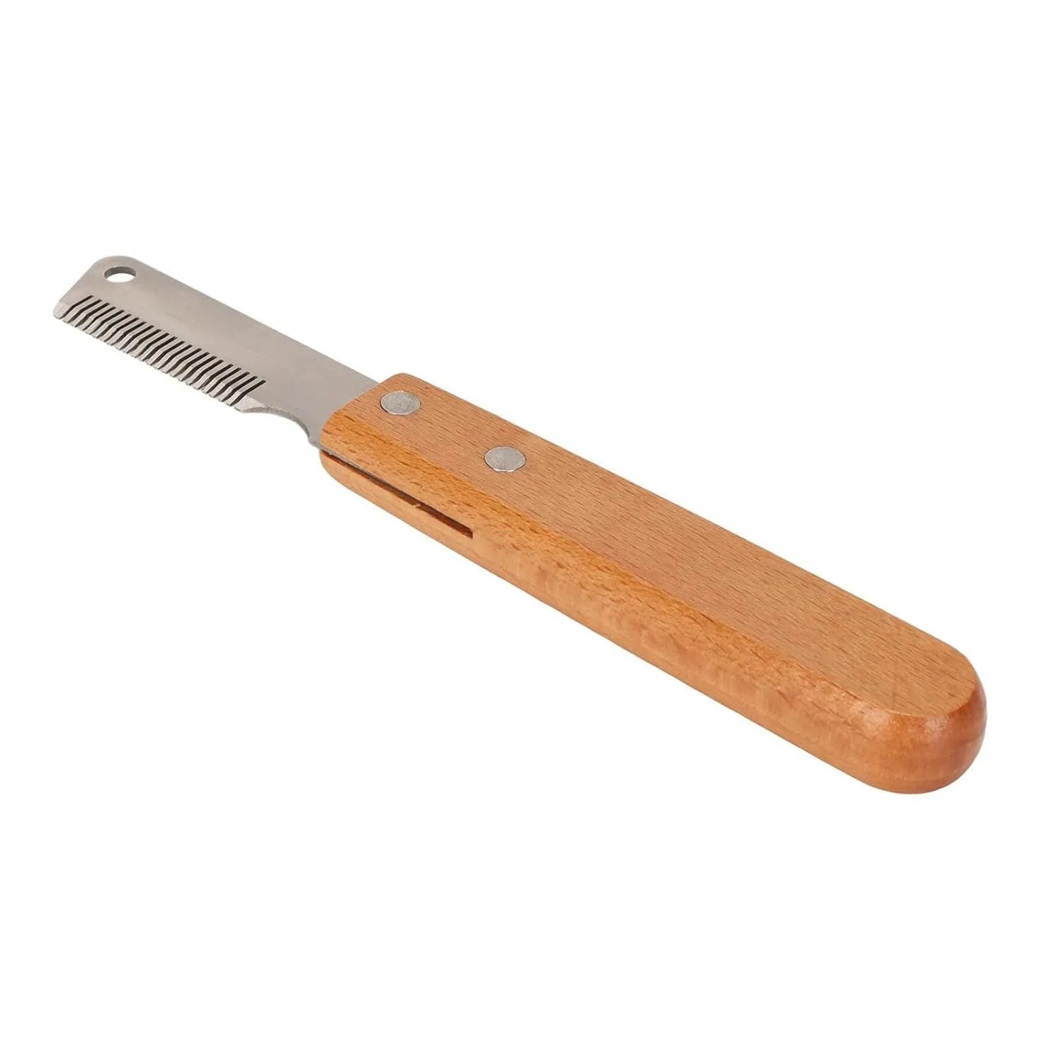 Pet stripping comb with wooden handle and metal teeth for removing hair from dogs and cats.