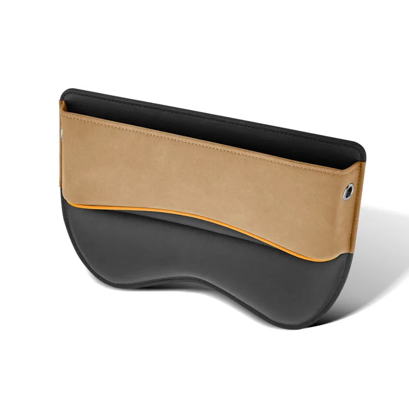 Leather car seat storage box in beige suede colour on a vehicle seat