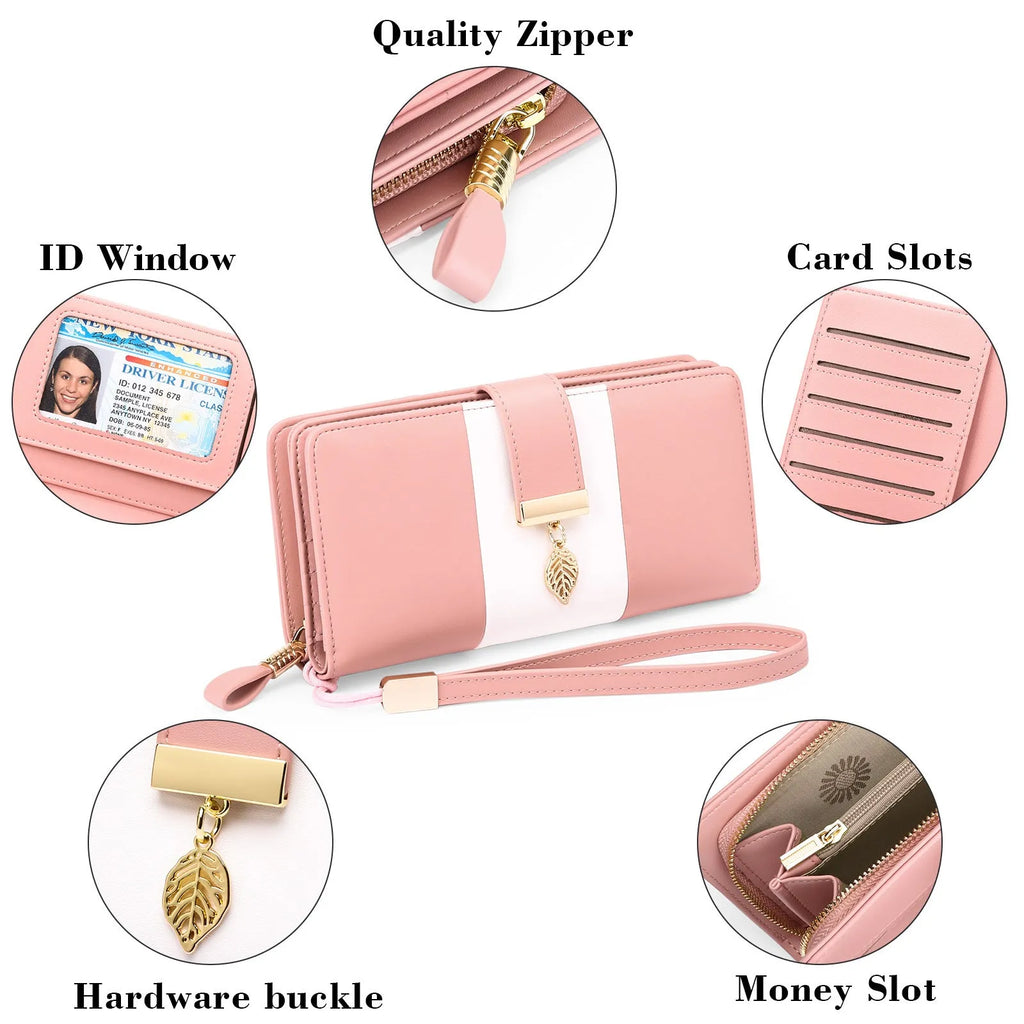 Anti-theft large capacity PU leather handbag wallet with lock, shown in multiple colours including black, pink, and khaki.