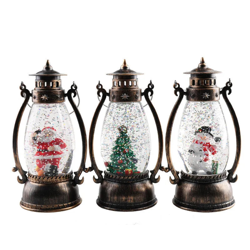 Desktop Christmas oil lamp with glowing crystal ball base in snowman or elderly character style.