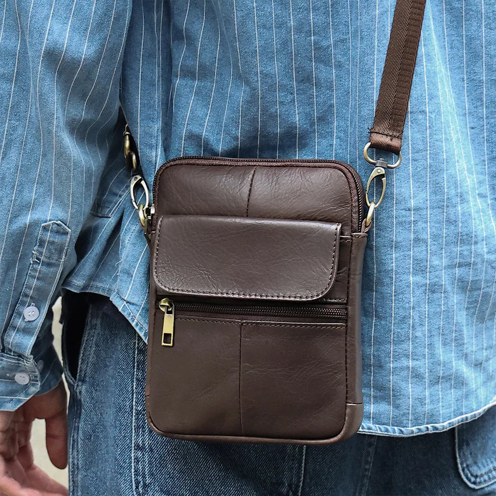 Men's brown leather crossbody shoulder bag with sewing line details and polyester cotton lining