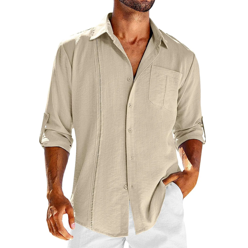 Men's grey long sleeve casual shirt with a polo collar and a white lace detail on the chest pocket.