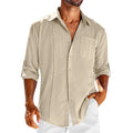 Men's grey long sleeve casual shirt with a polo collar and a white lace detail on the chest pocket.
