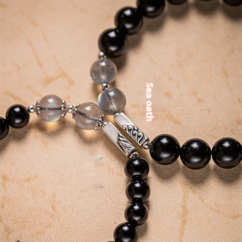 Obsidian Buddha beads DIY couple bracelet kit showing 8mm and 10mm beads with national style design
