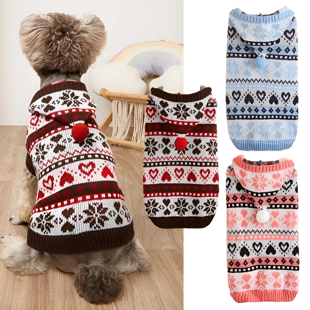 Striped camouflage dog sweater with snowflake motifs in pink acrylic knit for small breeds