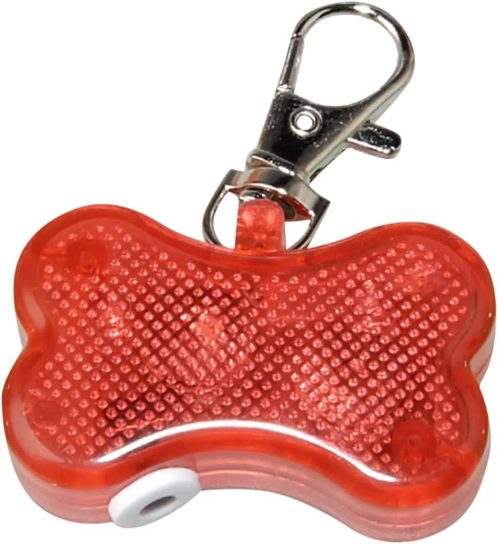 Blue bone-shaped LED pet pendant showing dimensions and attachment loop for collars