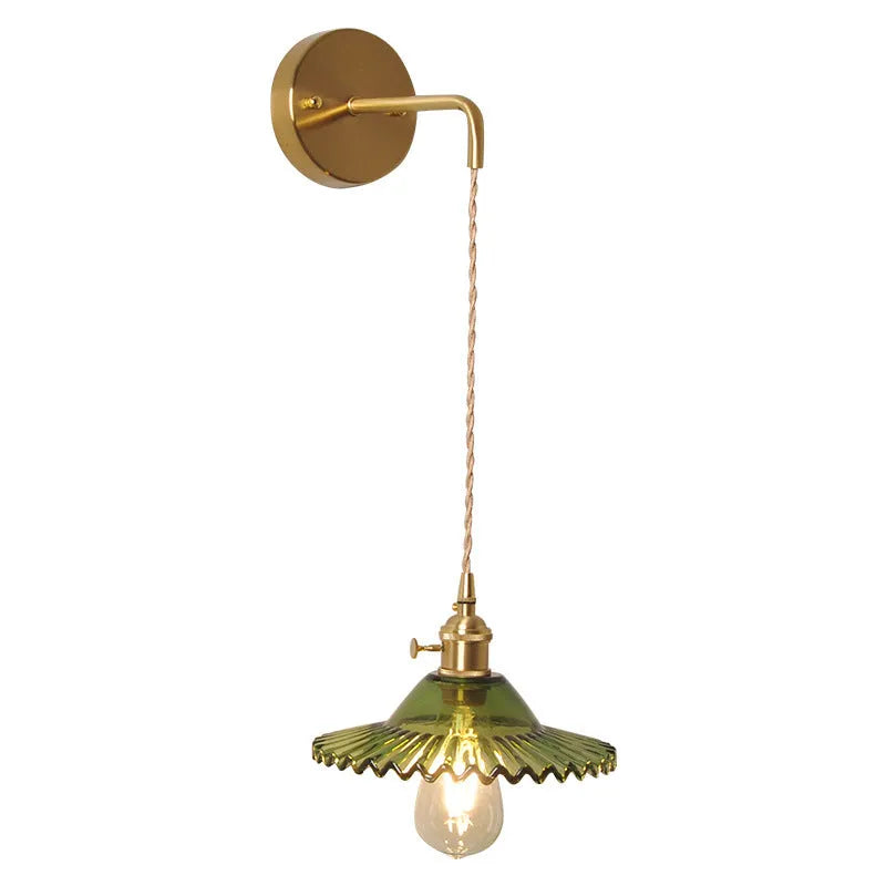 Copper retro lotus wall lamp with glass shade in amber colour variation