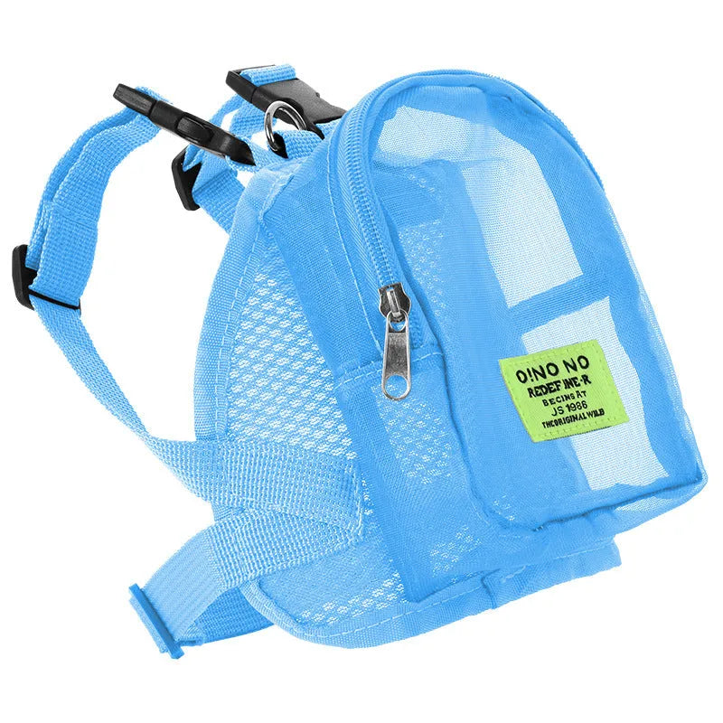 Blue dog backpack with adjustable straps and breathable mesh panel for small dog transport