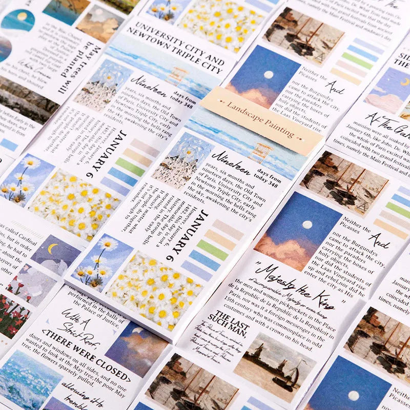 Pack of twenty rectangular paper stickers showing colourful landscape paintings, each measuring 60 by 120 millimetres.