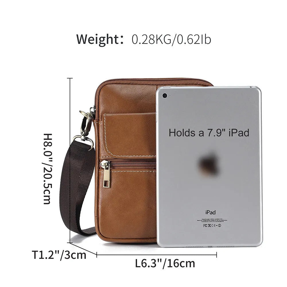 Men's brown leather crossbody shoulder bag with sewing line details and polyester cotton lining