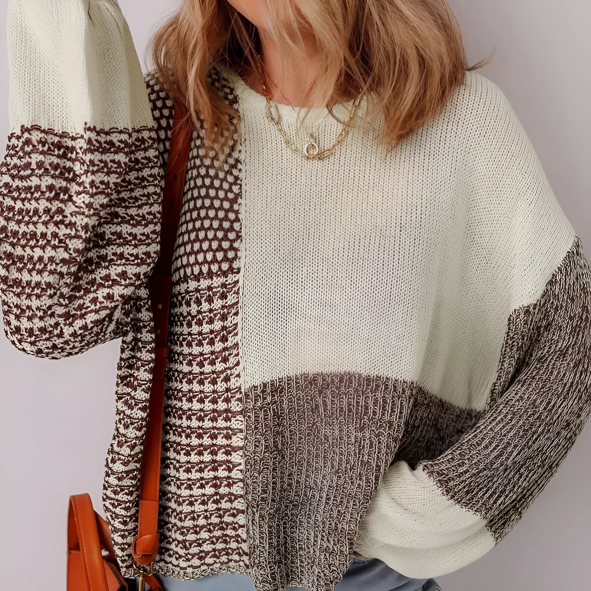 Dark khaki colour block loose knit sweater with drop shoulders and back tie detail