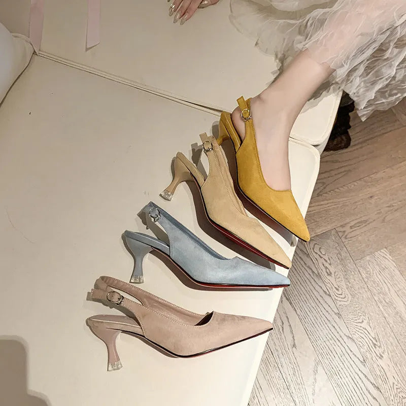Women's pointed stiletto high heel shoes in suede, showing apricot, pink, blue, and yellow colour options.