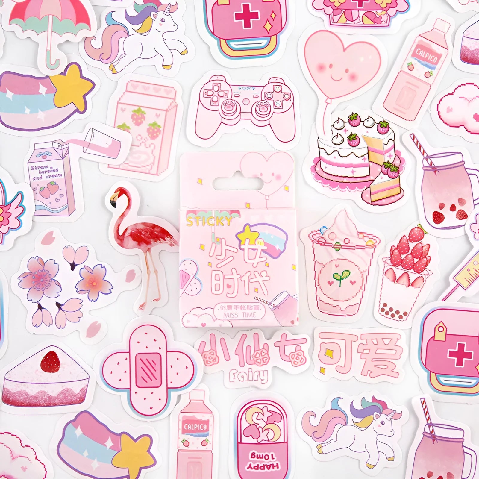 Pack of 46 small colourful cartoon decorative stickers for journals, shown with themed sets.