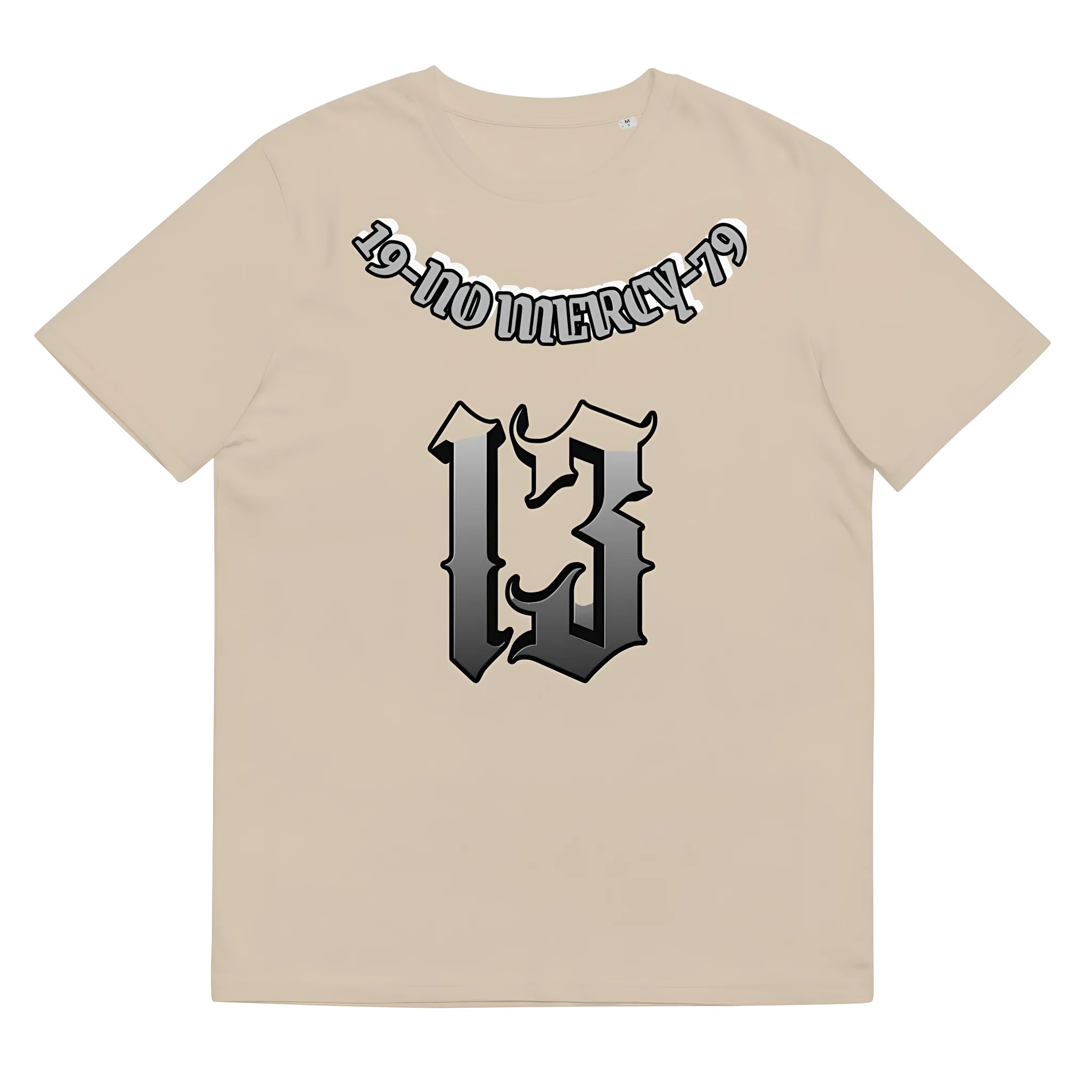 A loose-fitting grey cotton T-shirt with short sleeves and a round neck on a hanger