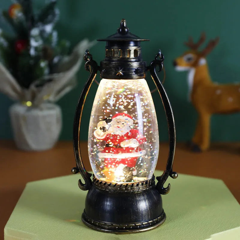 Desktop Christmas oil lamp with glowing crystal ball base in snowman or elderly character style.