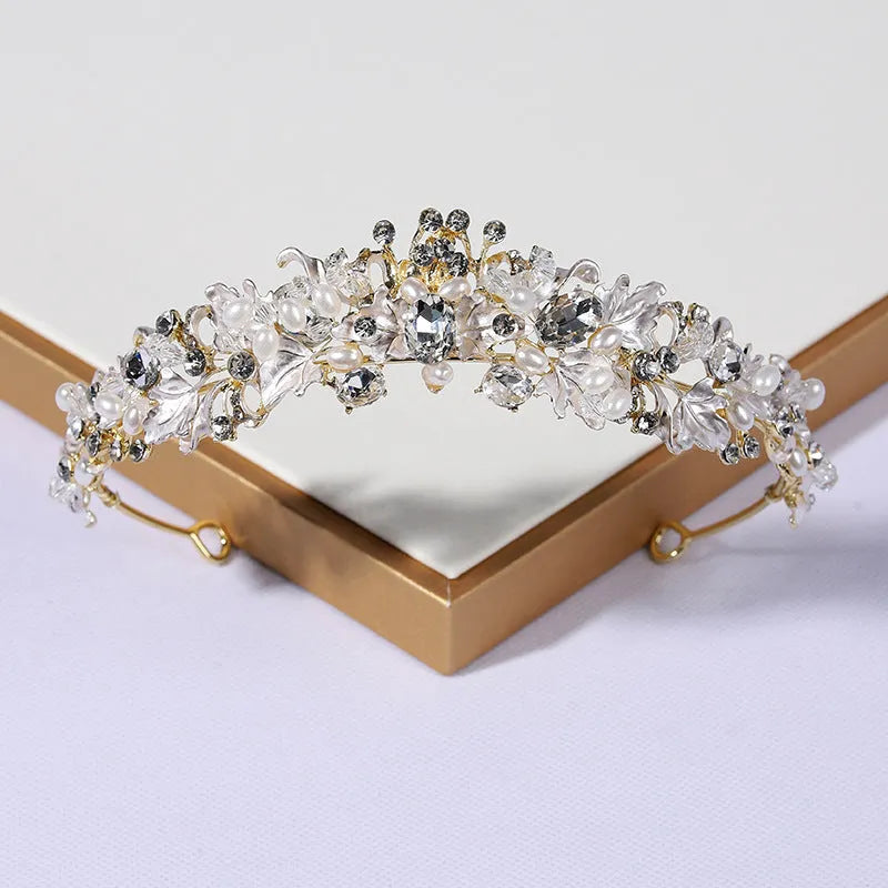 Women's pearl crown headdress with electroplated alloy construction in gold or silver colour