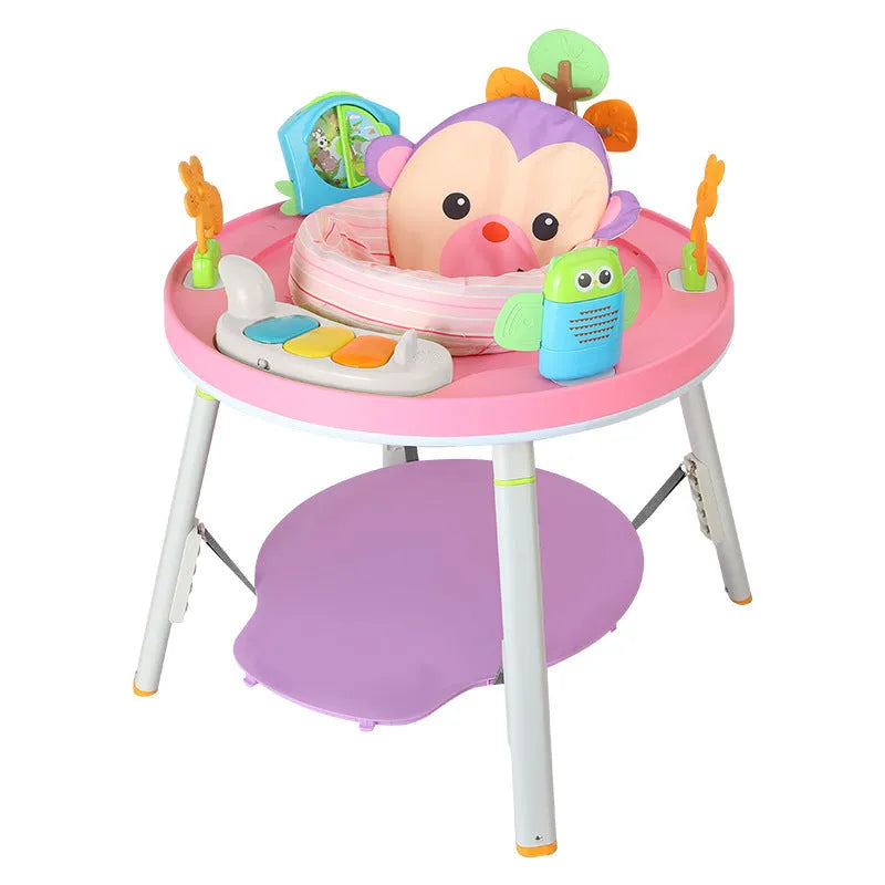 Baby jumping chair with three functions including bouncing and gymnastic rack elements in plastic construction