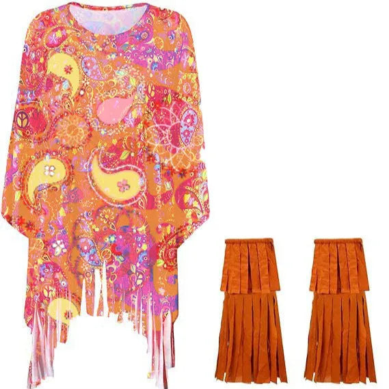 Colourful tie dye cloak costume with bell sleeves on a hanger, showing pink, rainbow, orange red, and yellow colour options.