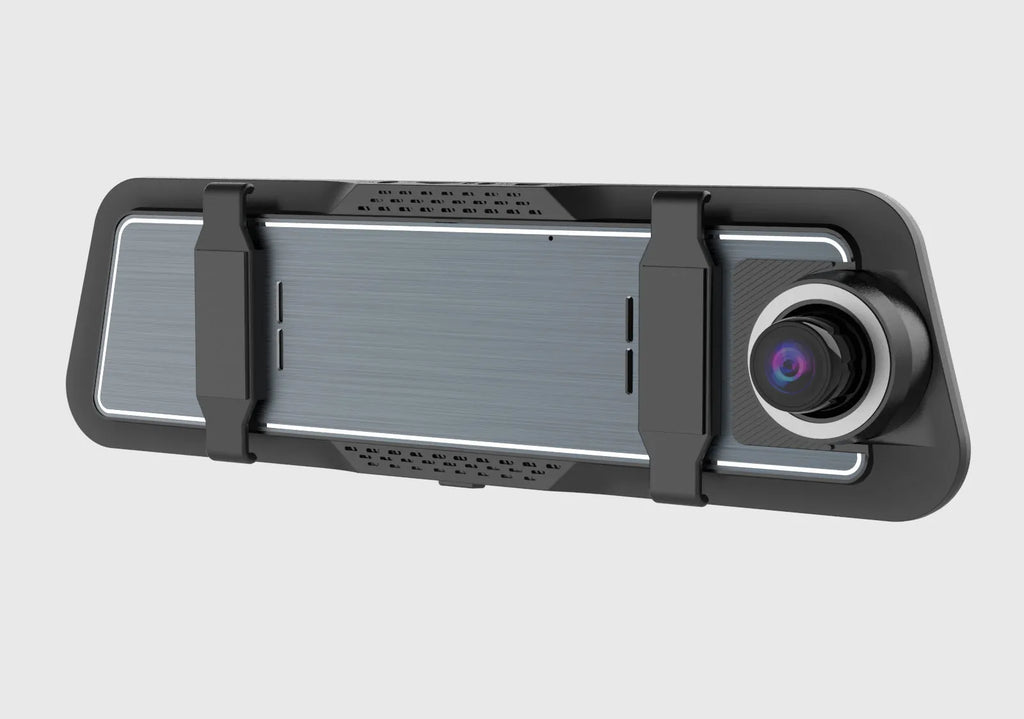 Dual-lens driving recorder with 9.66-inch touchscreen installed at rearview mirror position