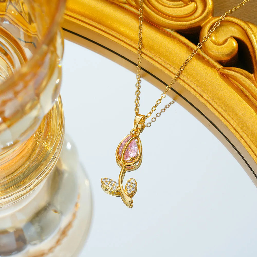 Zircon tulip necklace with flower pendant on adjustable titanium steel chain in gold colour