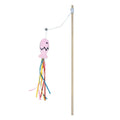 Cat wand toy with colourful ribbons, catnip fish and bell on wooden handle