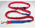 Grey and green reflective dog leash with elastic section shown on a table.