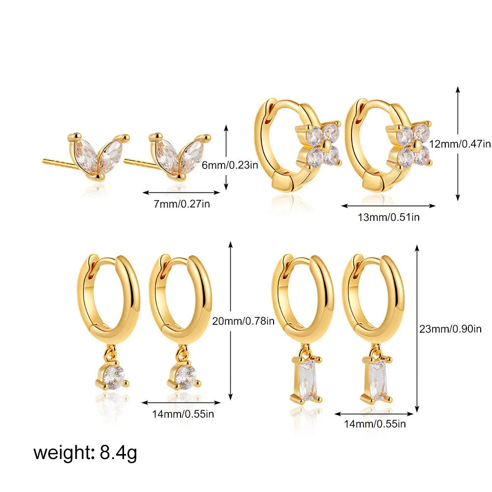 Geometric square copper earrings for women with zircon detailing in gold and silver electroplated finishes