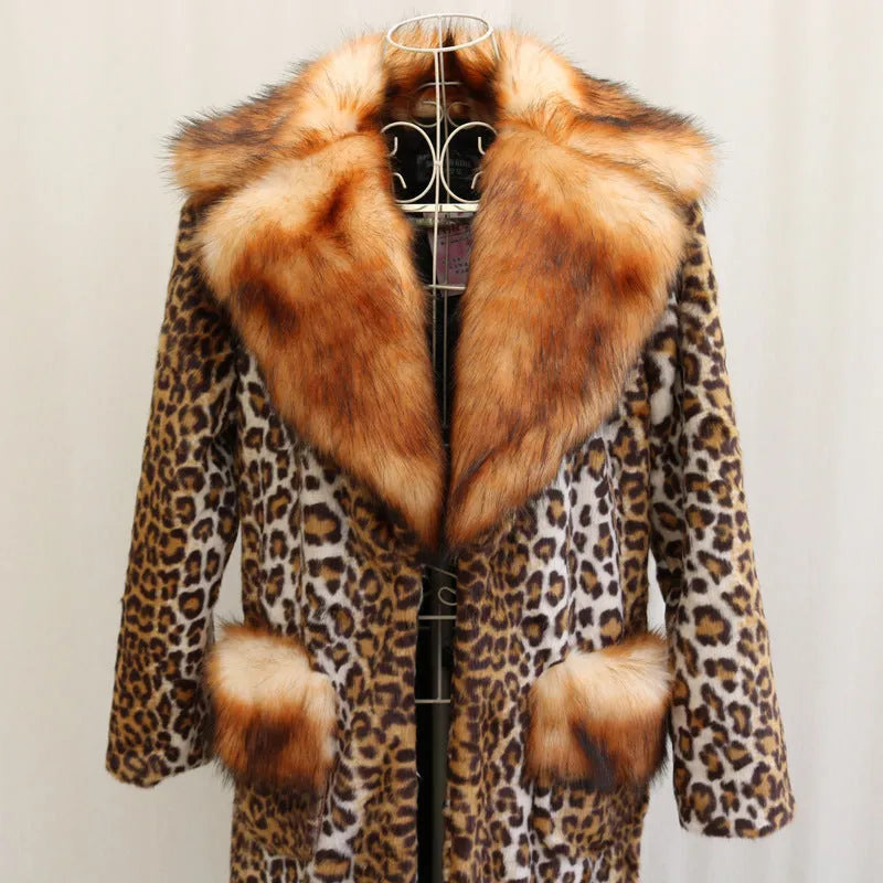 Women's long leopard print artificial fur jacket on a hanger