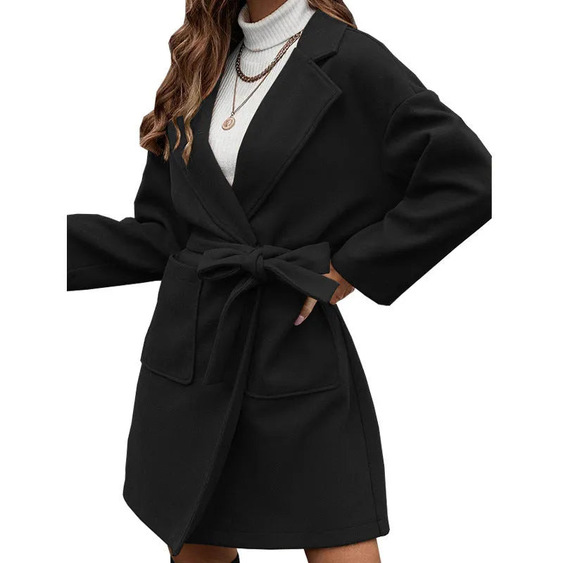 Loose fit thick polyester coat with lapel collar and belt in brown black white khaki and blue Korean casual style