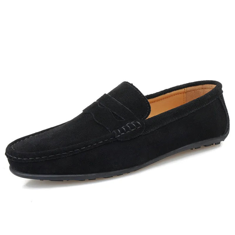 Men's suede slip-on loafers in solid colours with round toe and rubber sole