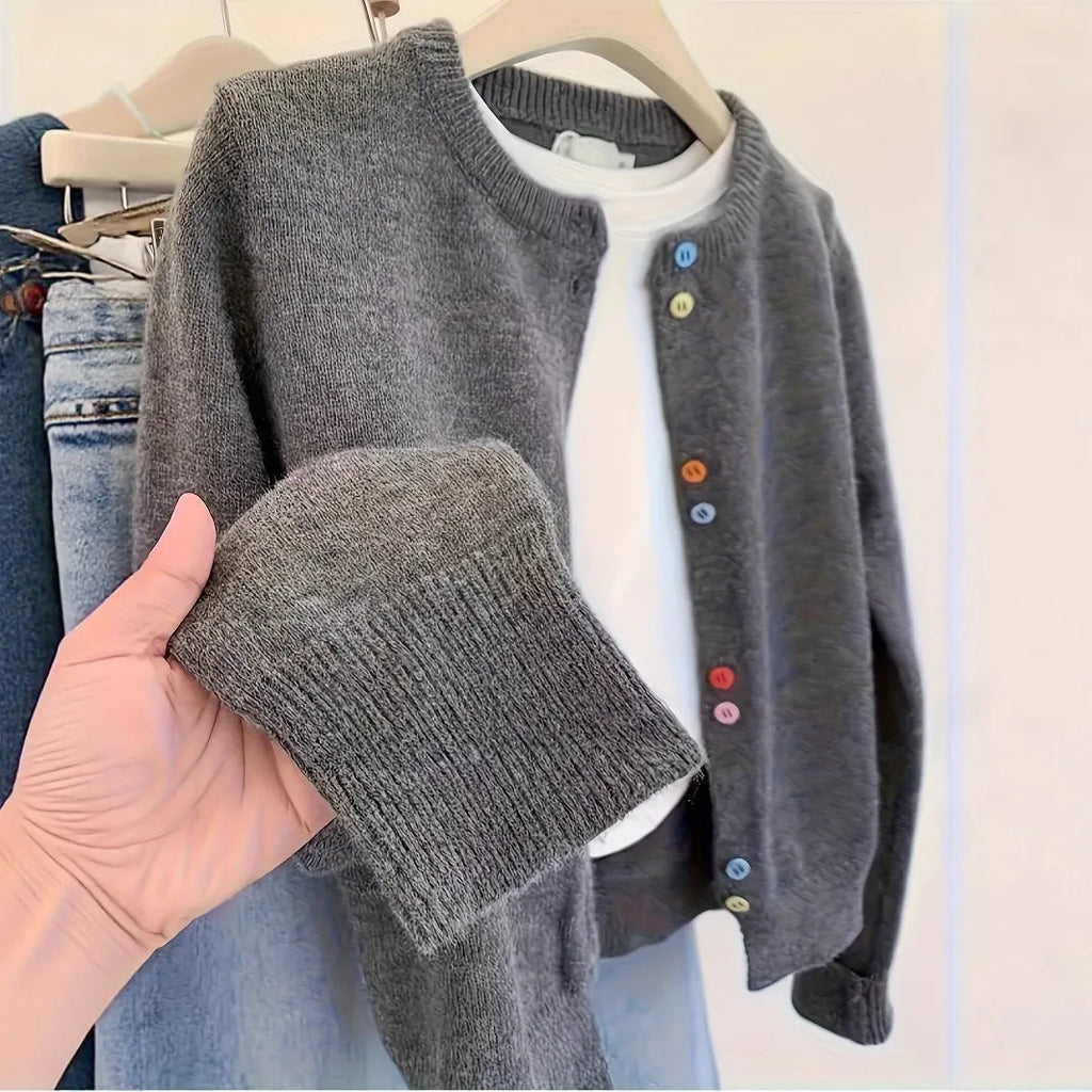 Dark grey women's cardigan sweater with button front and regular sleeve length