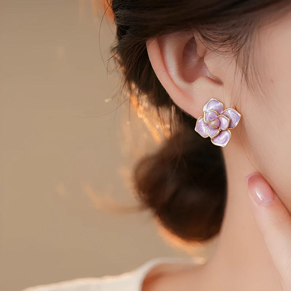 Gold plated copper stud earrings with purple oil-spot glaze flower decorations