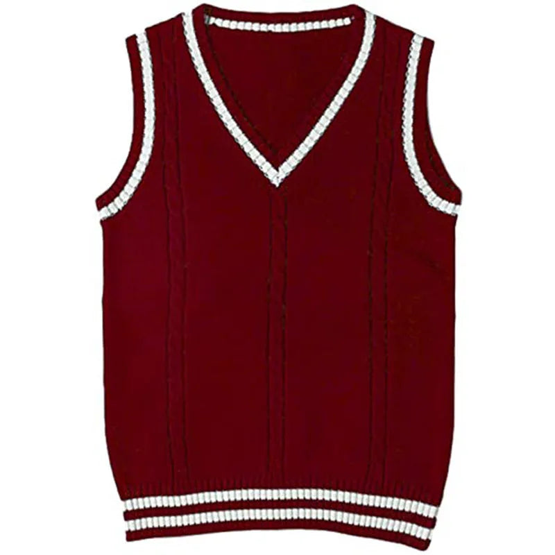 Women's slim fit V-neck acrylic knitted waistcoat sweater with striped stitching detail